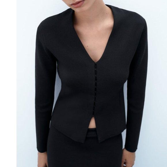 ZARA BLACK METAL CLOUSER TAILORED KNIT CARDIGAN - Picture 1 of 6
